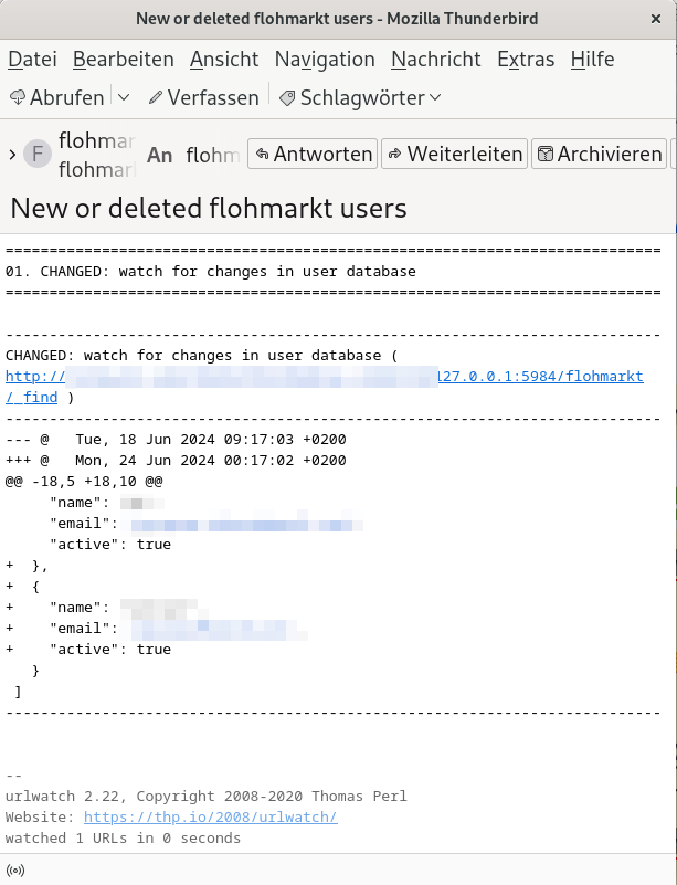 email showing diff with a new user entry generated by urlwatch