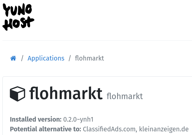 screenshot showing part of the yunohost admin web gui with a flohmarkt installed in version 0.2.0~ynh1