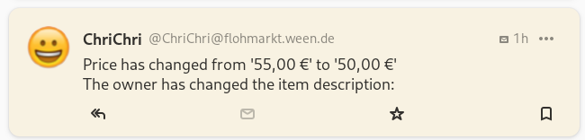 screenshot of a DM in tuba: "Price has changed from '55,00 €' to '50,00 €' The owner has changed the item description:"