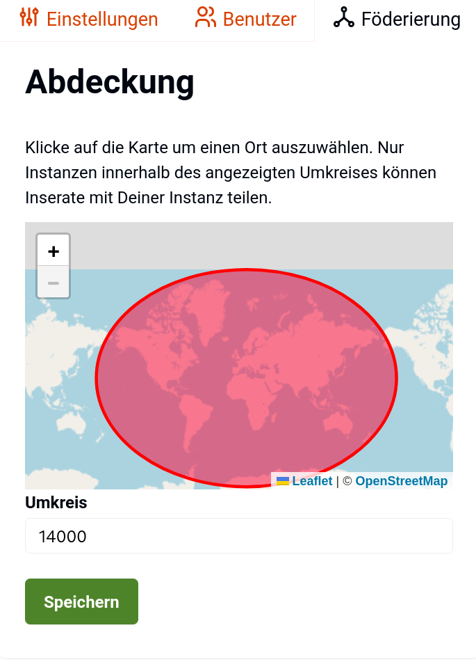 screenshot showing the map at the botton of the federation settings in flohmarkt - radius is 14000km covering the whole world