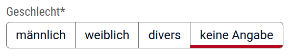 Screenshot mit Ausschnitt eines Formulars. Geforderte Angabe ist "Geschlecht*". Auswahlmöglichkeiten für: "männlich" (`Der Esel nennt sich immer zuerst.`), "weiblich", "divers" & "keine Angabe".