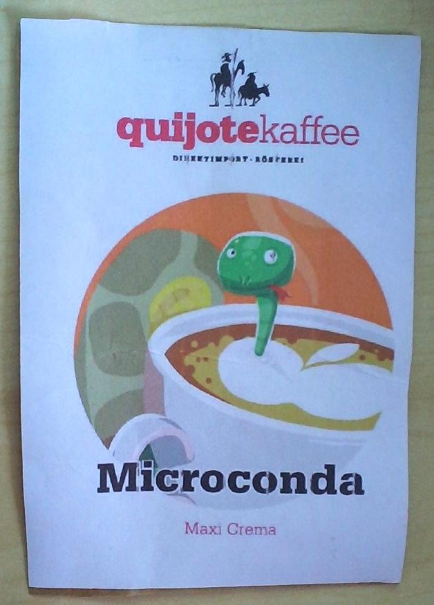 photo of a lable reading: quijotekaffee, DIREKTIMPORT · RÖSTEREI, Microconda, Maxi Crema