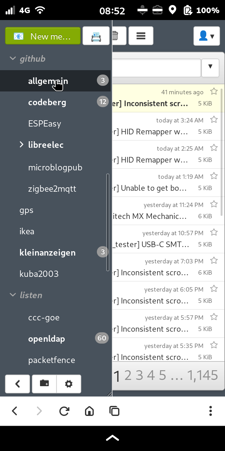 screenshot taken on Librem5 running tangram: snappymail with side menu containing folder list opened