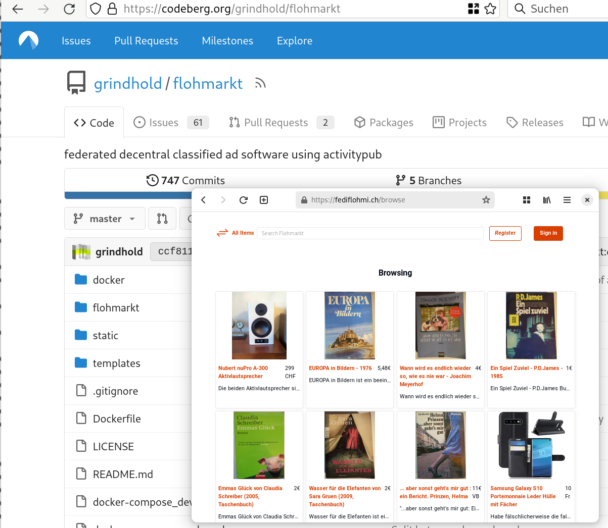screenshot showing a flohmarkt in a browser in front of another browser with the flohmarkt repository opened.