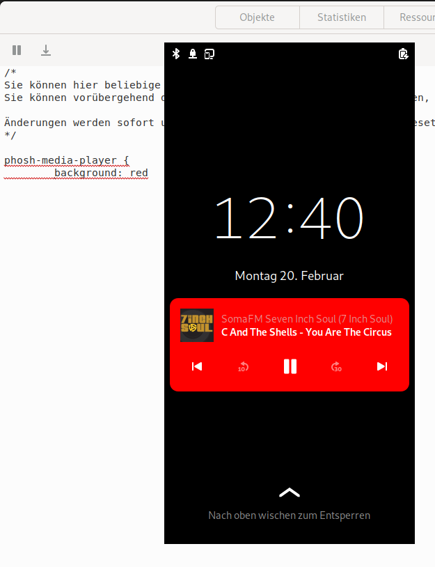 screenshot showing phosh in front of a gtk inspector window with a css rule to set a red background for shortwaves controls shown on the lockscreen