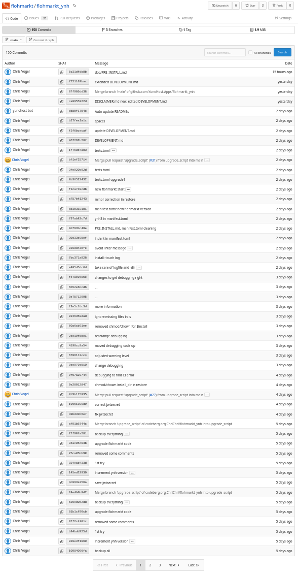Screenshot showing 150 commits to the codeberg flohmarkt_ynh repository.