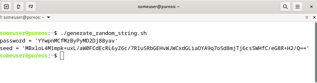 terminal showing ```someuser@pureos:~$ ./generate_random_string.sh\n  password = 'zmtUikFwvcwkkzFidQUm5jqr'\n seed = '0D48PML8JJ4LvZ81YNyDkO26laG4MpABPWft62KrC8pPKA3b53o2AbK8ayJIjcOVcZCxyOxu3JiShx1Mn2/F4c=='\n someuser@pureos:~$```