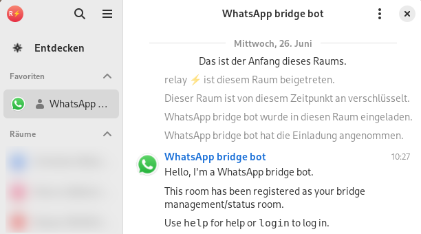 screenshot of fractal connected with an account 'relay' and the welcome message of the WhatsApp bridge bot: "Hello, I'm a WhatsApp bridge bot. This room has been registered as your bridge management/status room. Use `help` for help or `login` to log in."