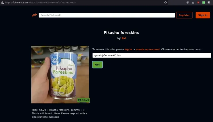 an item on one instance of flohmarkt. the user has already entered their user handle in the remote interact field and is about to click on the "go" button.