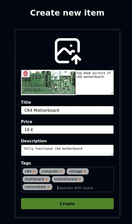 a screenshot showing off the new "tags" field in the "create new item" dialog of flohmarkt. the field is located between the description field and the create-button.