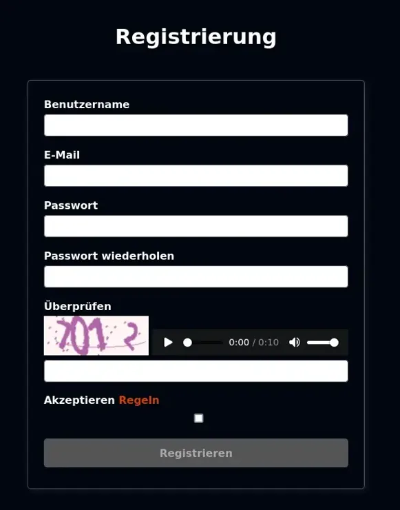 screenshot of flohmarkts current user registration dialog with a new captcha.