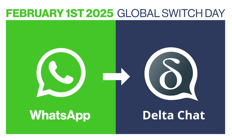 A graphic titled "February 1sr 2025 global switch day"  with a WhatsApp icon with an arrow to a delta chat icon 