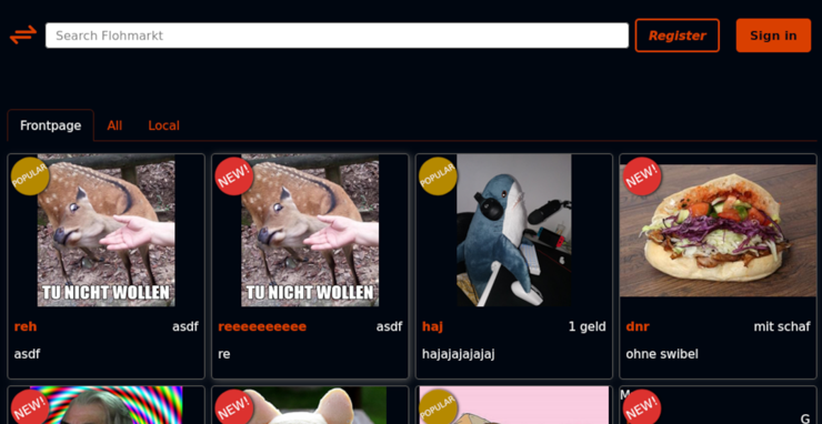 a screenshot of flohmarkts front page with a group of new tabs visible that organize the shown items.