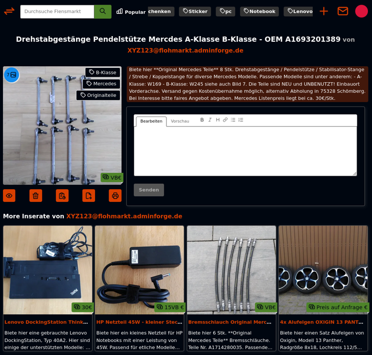 screenshot of flohmarkt: on an item page, there are four more items of the same user displayed as four item cards.