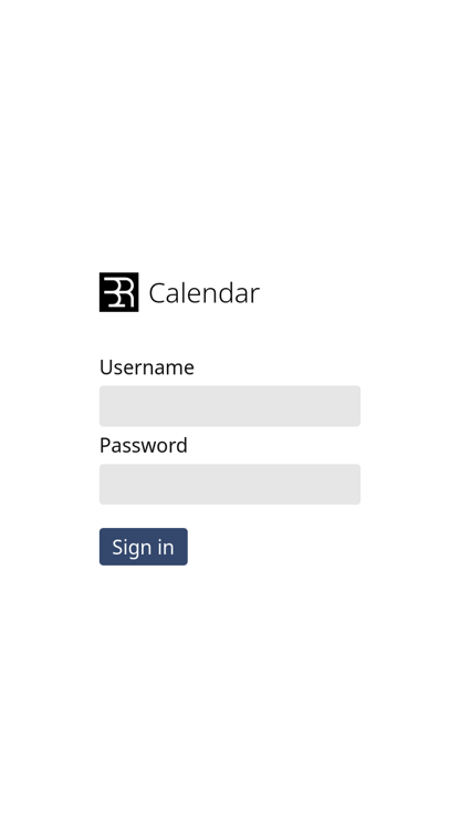 Feber's login screen, black/blue on white background, which features simply: The feber logo, the heading "Calendar", an input field for Username and Password, and a Sign in button.
