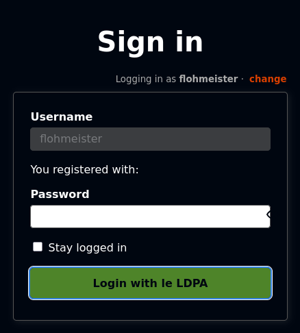 a screenshot of the flohmarkt login interface showing that flohmarkt recognized a user from the list in the image before as an LDAP user