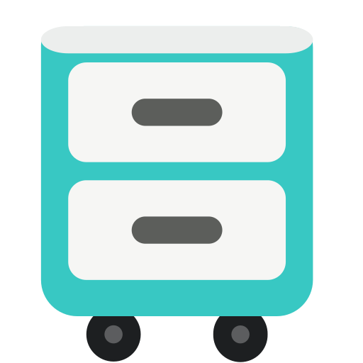 The pfs logo. A file cabinet on wheels representing a mobile file cabinet.