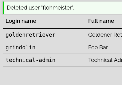 the userlist again, this time with a message that one user has been deleted.