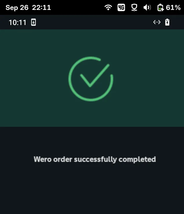 Screenshot of the Secure Go Plus Android app running on Linux smartphone via Waydroid. Showing successful order through payment provider "Wero"