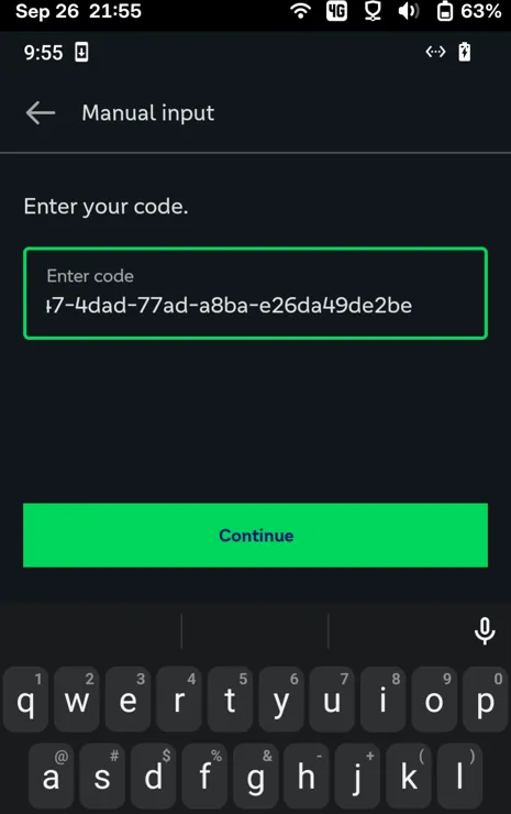 Screenshot of an Android app running in Waydroid on a Linux smartphone. The banking app wants to enter the recipient transfer code.