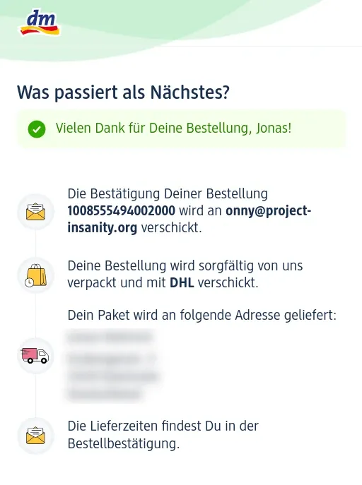 Screenshot of order confirmation of the online retailer platform.