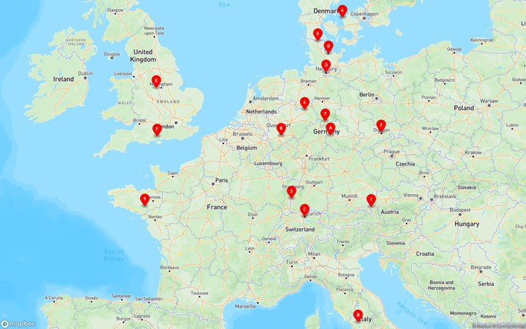 map of mainland europe & the UK with a good amount of flohmarkt instances spread over it